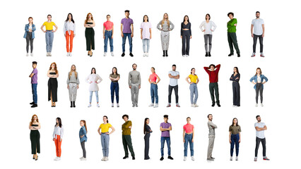 Collage of people, men and women of different age in casual cloth standing in three lines isolaed over white studio background