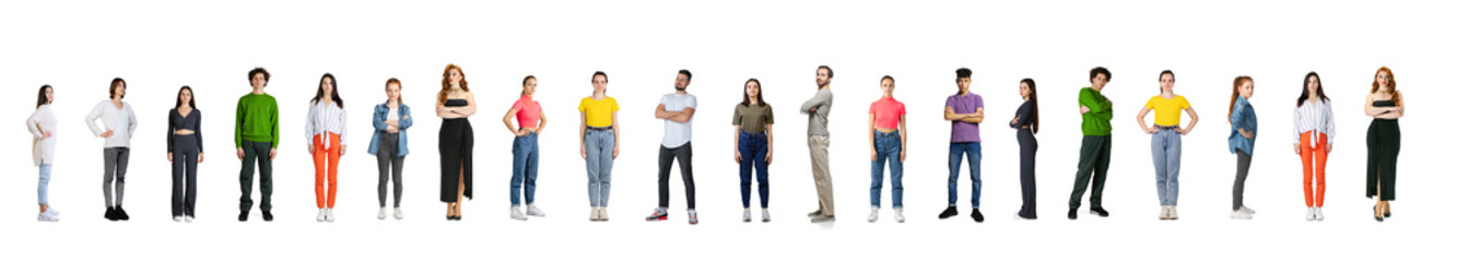 Obraz premium Collage. People, men and women of different age, profession, style standing in a line isolated over white background