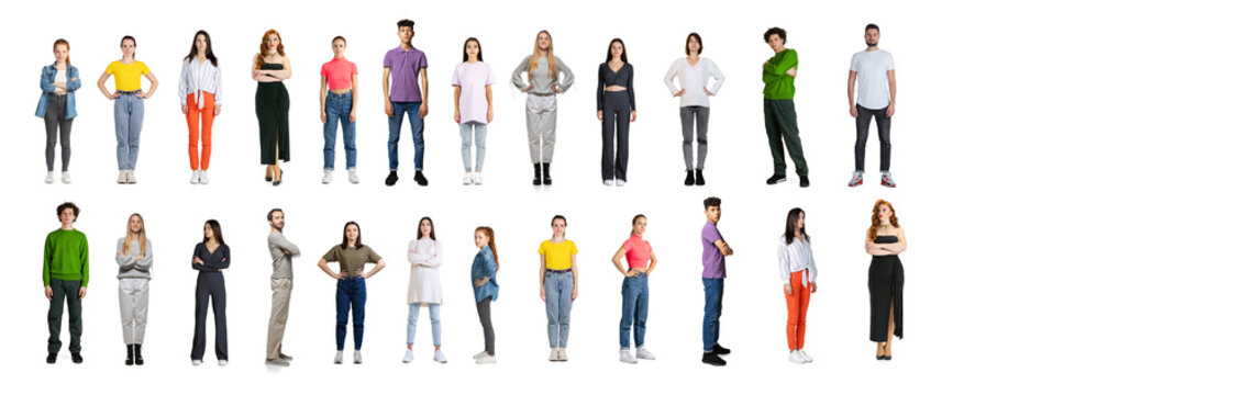 Collage of different people, men and women, of different age in casual cloth standing in two lines isolated over white background
