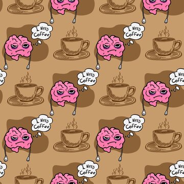I need coffee. Sleepy brain character vector seamless pattern