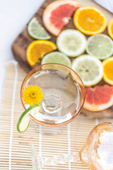 Champagne and citrus fruit slices at a luxury summer picnic flatlay set up in the countryside