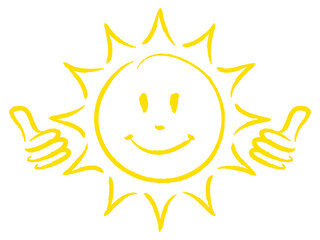 Handgezeichnete Sonne Zwei Daumen Hoch Gesicht Gelb