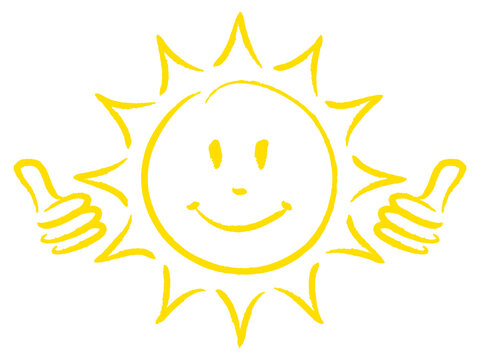 Handgezeichnete Sonne Zwei Daumen Hoch Gesicht Gelb
