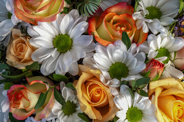 Romantic flower arrangement. Chrysanthemums, roses.floral background. Flat lay top view, copy space, closeup