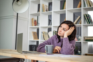 brunette girl pondered while working on laptop