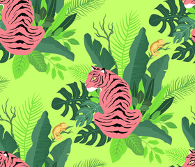 Hunter predator and amphibian in the jungle. Tiger in the bush. Chameleon on a tree. Tropical seamless pattern, vector illustration for fabric, wrapping paper, wallpaper