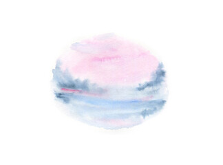 Watercolor winter landscape blue with pink sky and snowdrifts isolated on a white background. Watercolor washes. Blurred round background. Painting landscape. Hand drawn illustration