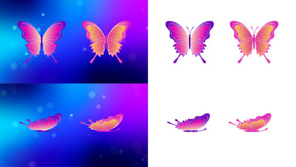 Obraz na płótnie Canvas Top And Side Views Beautiful Pink And Purple Wings Of Butterflies Collection On Glitter Sparkle Bokeh Glowing Light And Isolated White Background