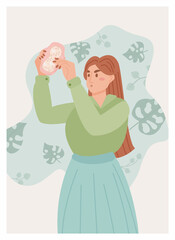 Young girl standing with reusable sanitary napkin in bathroom confused what to do. Female hygiene and healthcare. Importance of talking about menstruation and women’s health. Menstruation concept.