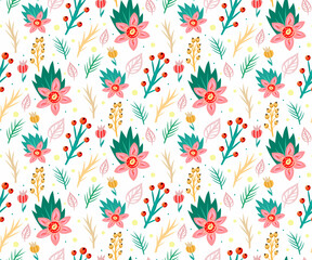 Seamless pattern with winter and floral elements. Bright design for scrapbooking, textile, wallpaper, other surface. 