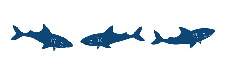 Sharks silhouettes animals collection. Sharks in different poses set. Group of ocean animals. Vector isolated on white.