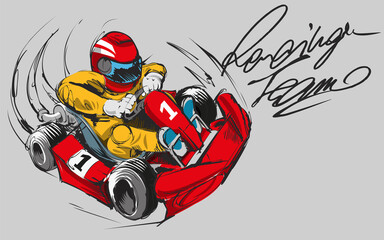 Go-kart driver with yellow uniform going really fast. Red go-kart at max speed. Driving and racing sport illustration concept. - obrazy, fototapety, plakaty
