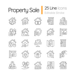 Property sale linear icons set. Real estate market. House purchase. Home mortgage. Customizable thin line symbols. Isolated vector outline illustrations. Editable stroke. Quicksand-Light font used