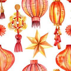 Seamless watercolor pattern with oriental traditional elements, red lanterns, good luck signs on a white background.