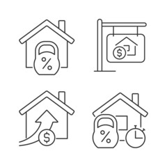 Buying house linear icons set. Home mortgage. Accomodation purchase. Real estate prices. Property sale. Customizable thin line symbols. Isolated vector outline illustrations. Editable stroke