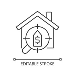 House searching services linear icon. Help to find dwelling. Rent apartment and home. Real estate. Thin line illustration. Contour symbol. Vector outline drawing. Editable stroke. Arial font used