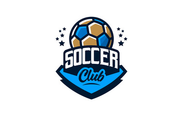 Logo, emblem of soccer. Colorful emblem of the soccer ball on the background of the shield. Football sport club logo template, football team. Badge, icon, ball, shield. Isolated vector illustration