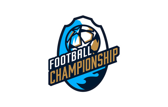 Logo, emblem of the football championship. Colorful emblem of the championship with the ball on the background of the shield. Football sport tournament logo template. Isolated vector illustration