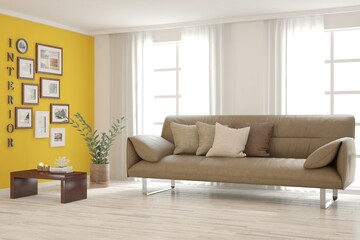 Fototapeta premium Yellow living room with sofa. Scandinavian interior design. 3D illustration