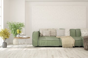 White living room with sofa. Scandinavian interior design. 3D illustration