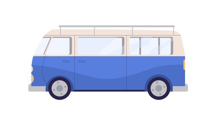 Camper van in retro style. Holiday car for summer travel. Minibus of 60s, side view. Tourists auto, road transport. Vintage vehicle, campervan. Flat vector illustration isolated on white background © Good Studio