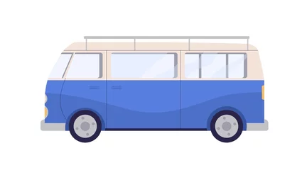 Poster Camper van in retro style. Holiday car for summer travel. Minibus of 60s, side view. Tourists auto, road transport. Vintage vehicle, campervan. Flat vector illustration isolated on white background © Good Studio