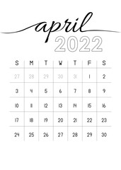 Monthly Calendar April 2022