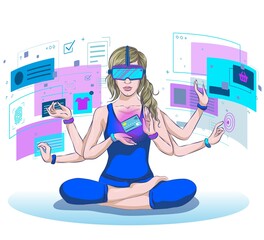 Metaverse and Digital Reality Virtual and Augmented Reality Technology, Couple Wearing Reality Headset Glasses Connected to Ambient Space and Reality Vector Illustration