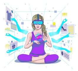 futuristic cyber concept and more metaverse. girl shopping in reality glasses in the metaverse