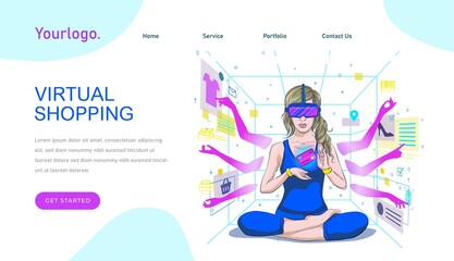 Virtual Shopping Flat Illustration Metaverse virtual reality concept, color navy blue, yellow, green minimal style, can be used for landing page, web, ui, banner, template, background, web development