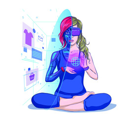 A young woman is shopping online with the help of the presence of a physical Cyber ​​Robot chatbot. Sales, consumer protection development using smart phone chatbot and future marketing help desk dial