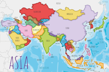 Fototapeta na wymiar Political Asia Map vector illustration with different colors for each country. Editable and clearly labeled layers.