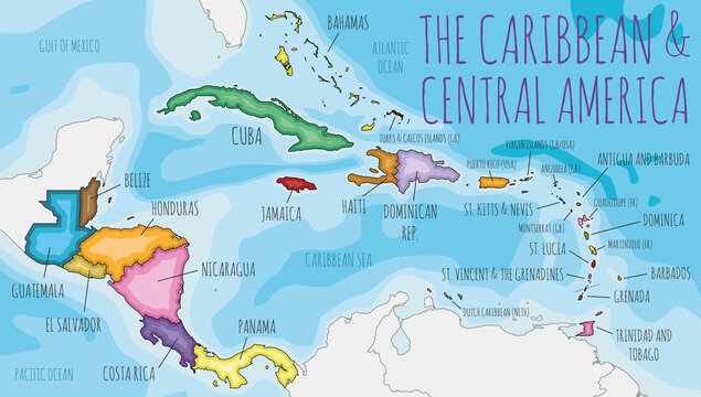 Political Caribbean and Central America Map vector illustration with different colors for each country. Editable and clearly labeled layers.