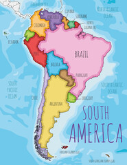 Political South America Map vector illustration with different colors for each country. Editable and clearly labeled layers. - 485829902
