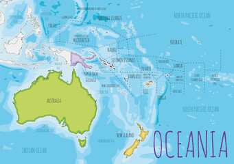 Political Oceania Map vector illustration with different colors for each country. Editable and clearly labeled layers.