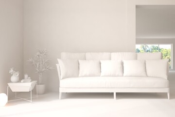 Mock up of minimalist living room in white color with sofa. Scandinavian interior design. 3D illustration