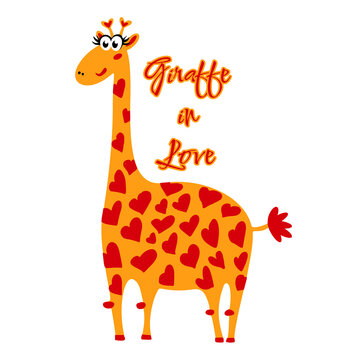 A bright cartoon loving giraffe in a flat style. Funny character with hearts, hand drawing. Vector illustration with the inscription isolated on a white background.