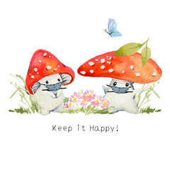 Cute red mushrooms isolated on white background. fantasy watercolor magic Amanita mushroom illustration