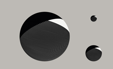 three graphic design spheres floating in silver shades