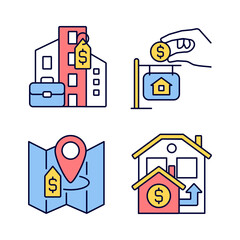 Realty purchasing types RGB color icons set. Commercial and private property. Real estate price. Isolated vector illustrations. Simple filled line drawings collection. Editable stroke