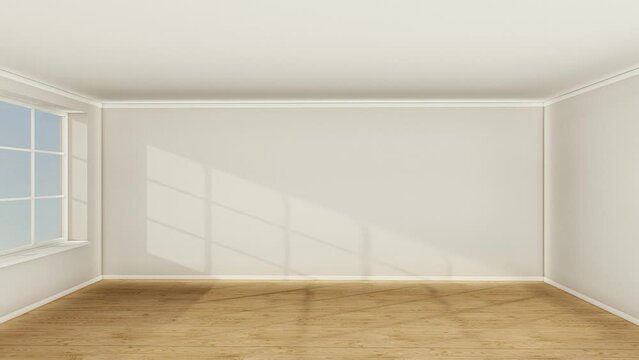 Empty apartment room realistic 3d render real estate. Wooden floor and white walls with sun lights falls through windows movement.