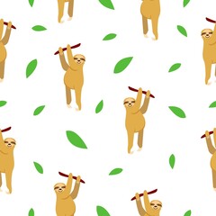 Seamless pattern of sloths hanging on tree branch and green leaves. White background. Cartoon character. Cute and funny. Summer and spring. For wallpaper, textile, scrapbooking and wrapping paper