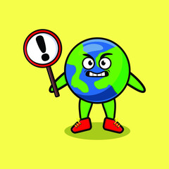 Cute cartoon mascot illustration earth with exclamation sign board vector image cute modern style design for t shirt, sticker, logo element