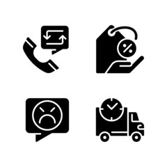 Customer help black glyph icons set on white space. Electronic commerce service. Delivery time. Customer negative review. Silhouette symbols. Solid pictogram pack. Vector isolated illustration
