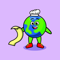 Cute cartoon earth chef mascot character with menu in hand cute modern style design for t-shirt, sticker, logo elements