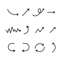 Set of black hand drawn arrow element vector. Collection of doodle arrows, lines, symbol, pointing mark, shapes on white background. Simple icon illustration for education, decoration, map.