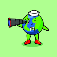 Cute mascot cartoon Earth sailor with hat and using binocular cute modern style design for t-shirt, sticker, logo element