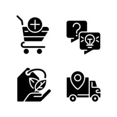 Online shopping services black glyph icons set on white space. Delivery regions. Eco friendly and vegan product. Silhouette symbols. Solid pictogram pack. Vector isolated illustration