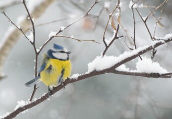 Winter scenery with blue tit bird sitting on the snowy branch(Cyanistes caeruleus) - obrazy, fototapety, plakaty