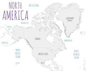 Fototapeta na wymiar Political North America Map vector illustration isolated in white background. Editable and clearly labeled layers.